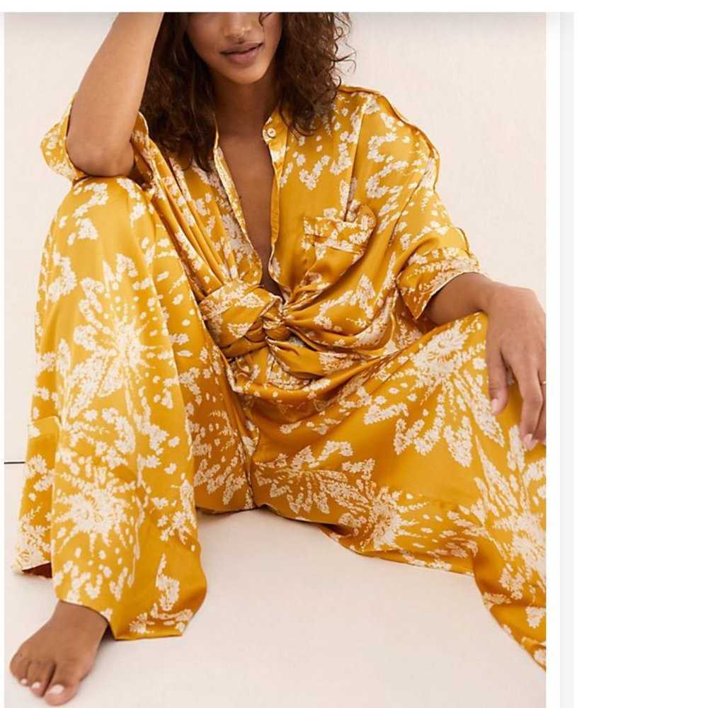 Intimately Free People Goddess Gold Floral Wide Leg Satin Pajama Pants